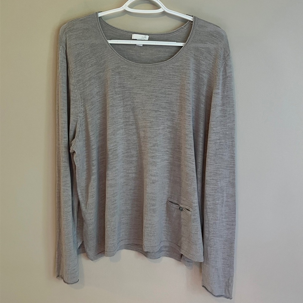 J. Jill Womens XL Gray Linen Cotton Blend Long Sleeve Sweater Pocket Minimalist